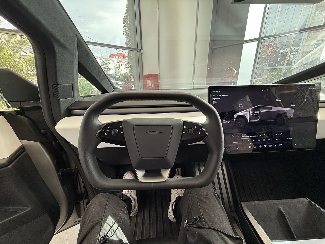 Cybertruck cabin floor and centre console from the driver’s seat