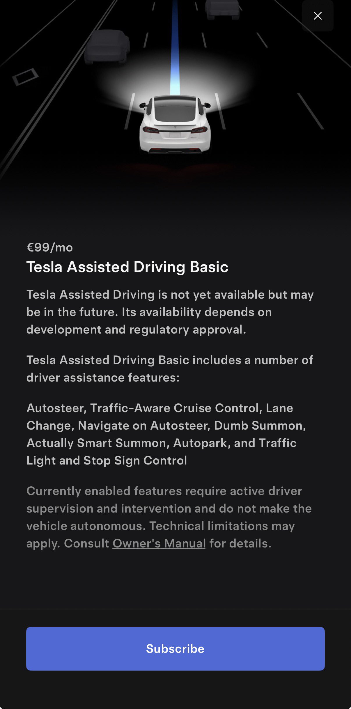 Tesla app screen listing Assisted Driving Basic at €99 a month