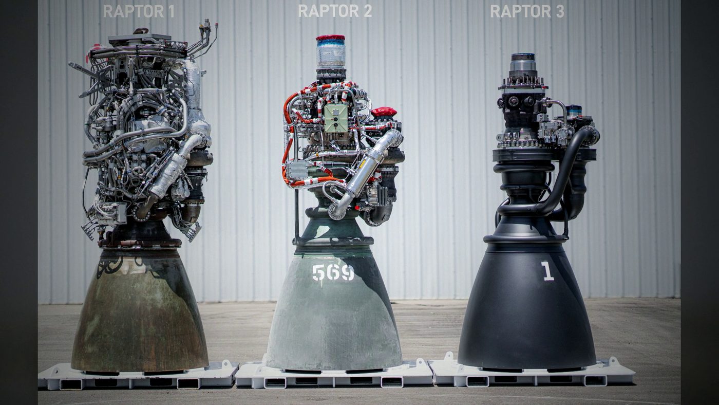 Raptor 1, Raptor 2 and Raptor 3 engines standing side by side, each simpler-looking than the last