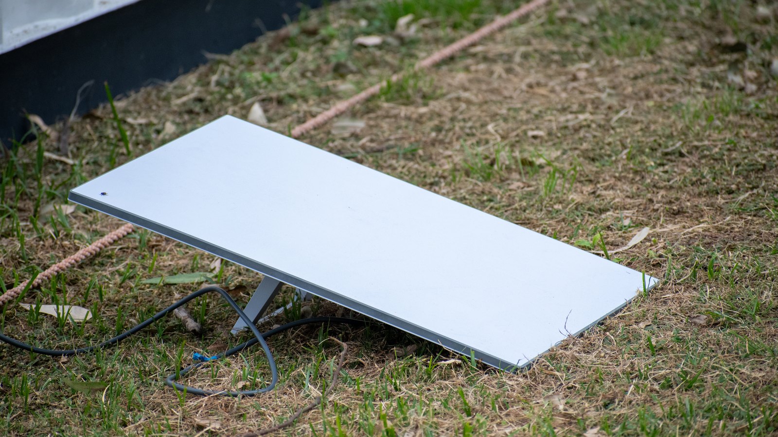 A white rectangular Starlink satellite dish standing on a small kickstand on dry grass, with its cable trailing off to the left