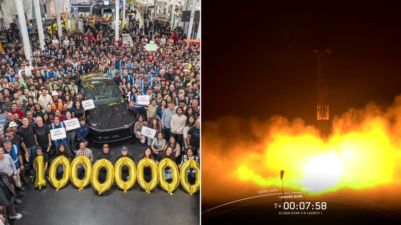 Left: Tesla factory staff celebrate the 10 millionth car. Right: a Falcon 9 booster lands.