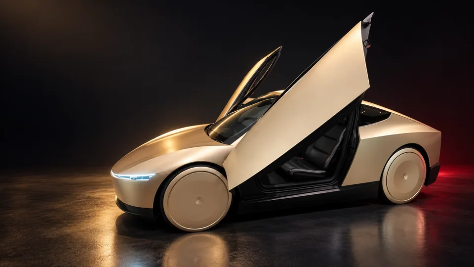 Champagne-gold Cybercab with its butterfly door raised, in an adapted dark studio setting