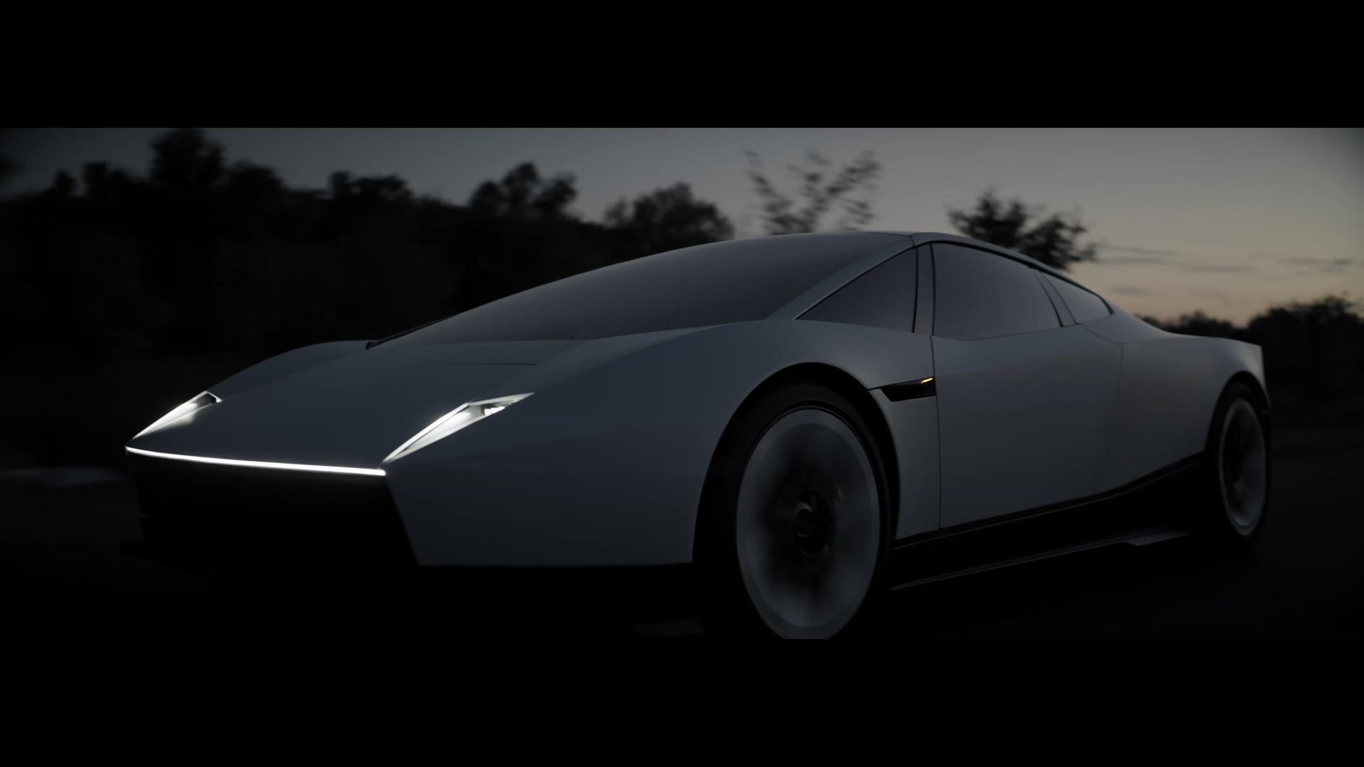 Front three-quarter view of the white Roadster at dusk, with its full-width light bar lit
