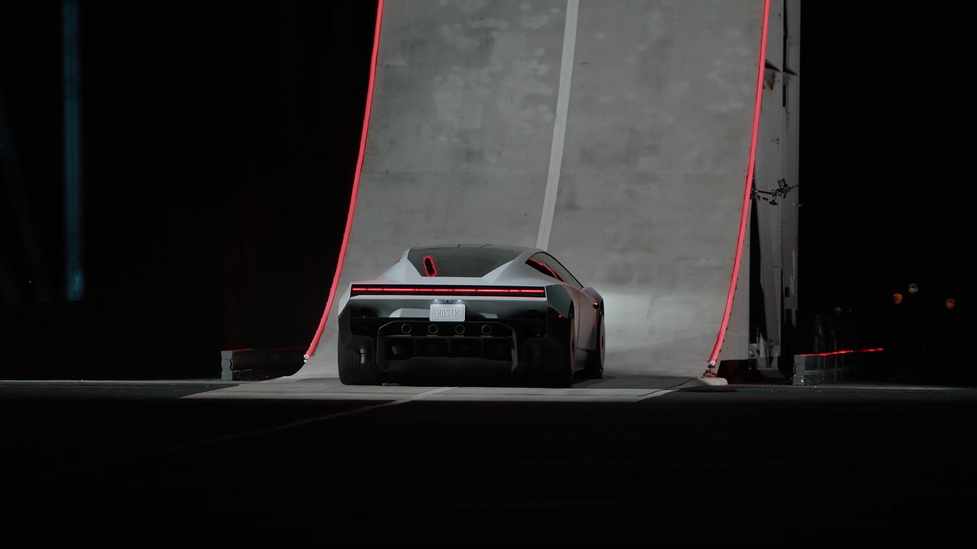 The Roadster at the foot of the curved ramp before the upside-down run