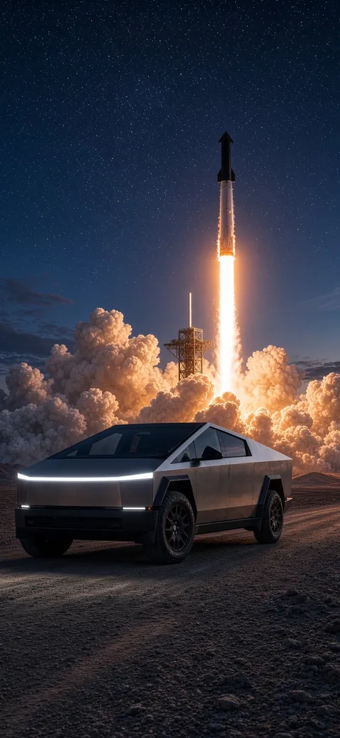 A Cybertruck watches a Starship launch at dusk. AI artwork via Supercharged Daily.