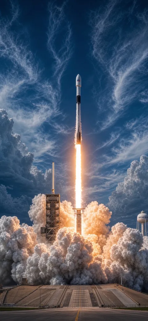 A Falcon 9 launches under dramatic clouds. AI artwork via Supercharged Daily.
