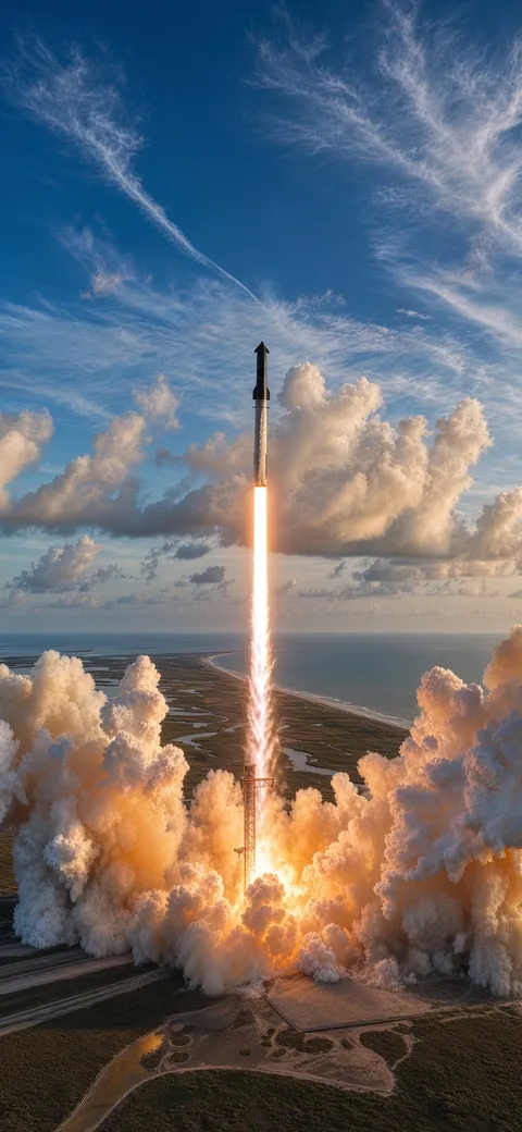 Starship lifts off at golden hour. AI artwork via Supercharged Daily.