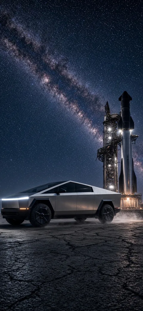 A Cybertruck beside Starship on the pad under the Milky Way. AI artwork via Supercharged Daily.