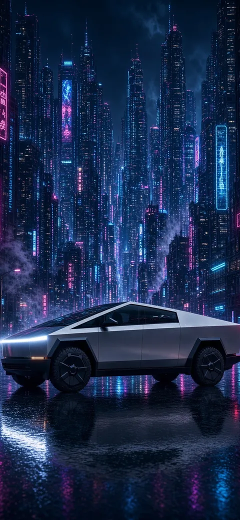 A Cybertruck in a neon cyberpunk city. AI artwork via Supercharged Daily.
