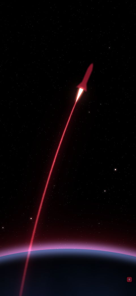 A rocket climbing over Earth on a red exhaust trail.