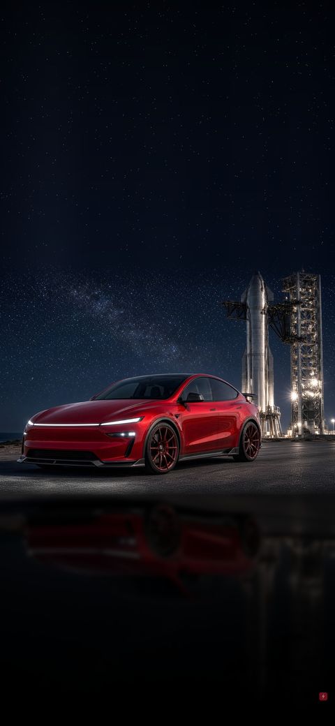 Red wheels, a night sky and the rocket on the pad. Created by Alex.